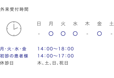 　外来受付時間 月・火・水・金　14：00～18：00　初診の患者様　14：00～17：00　休診日　木、土、日、祝日